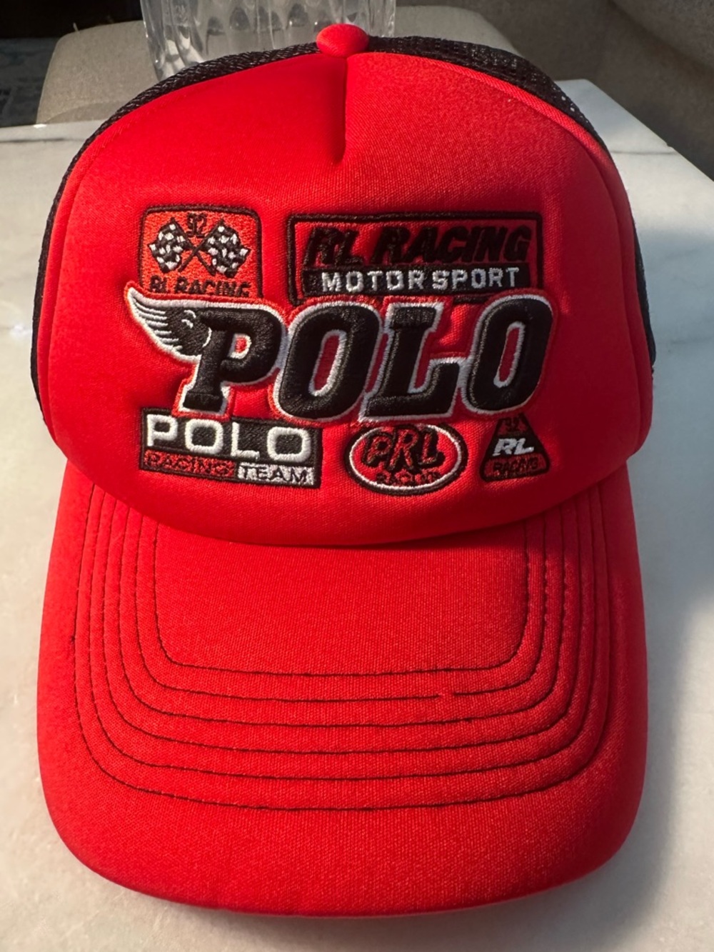 NWT Ralph Lauren Red and Black Motorsport Smap Back MeshTrucker Cap OSFA